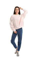 Full length portrait of young woman in sweater isolated on white. Mock up for design