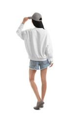 Young woman in sweater isolated on white. Mock up for design