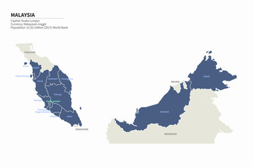 graphic vector map of asia countries. malaysia map. 