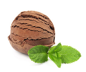 Scoop of chocolate ice cream and mint isolated on white
