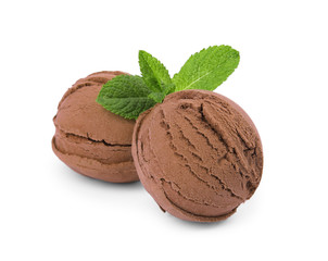 Scoops of chocolate ice cream and mint isolated on white
