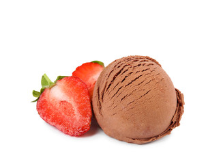 Scoop of chocolate ice cream and strawberry isolated on white