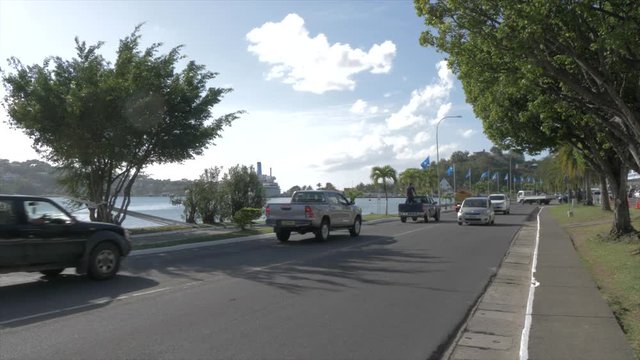 Cruise ship and John Compton Highway, Castries, St. Lucia, Windward Islands, West Indies, Caribbean, Central America