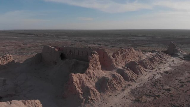 Desert landscape. Ayaz-Kala fortress the most popular and picturesque fortress in the country . Nukus, Karakalpakstan, Uzbekistan, Kyzylkum Desert, Central Asia.