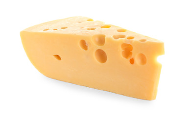 Piece of delicious cheese on white background