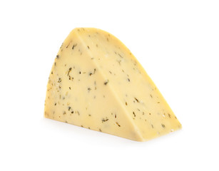 Piece of delicious cheese with herbs on white background