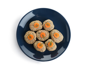 Plate of traditional Passover (Pesach) gefilte fish isolated on white, top view