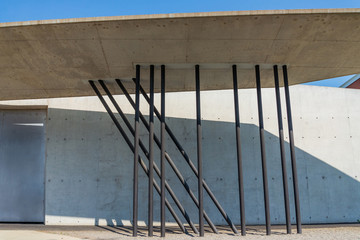 Columns detail of  Vitra Fire Station, famous concrete architecture designed by Zaha Hadid, located in Vitra Campus, Swiss furniture manufacturer in Weil am Rhein, Germany.