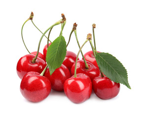 Heap of ripe sweet cherries on white background