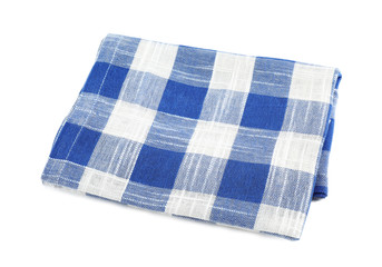 Folded blue checkered kitchen towel on white background