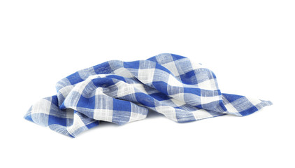Crumpled blue checkered kitchen towel on white background