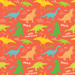 Dino Seamless Pattern, Cute Cartoon Hand Drawn Dinosaurs Doodles Vector Illustration