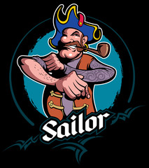 Cartoon old style mariner, pirate with the smoking pipe, earring and pirate hat.