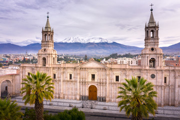 Aerial drone view of Arequipa main square and cathedral church, with the Misti volcano as...