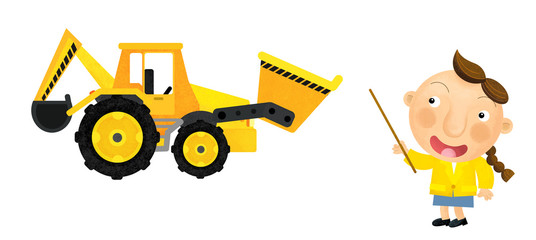 cartoon scene with girl child showing excavator loader and teaching on white background illustration for children