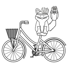 cute fox with feathers hat in bicycle bohemian style