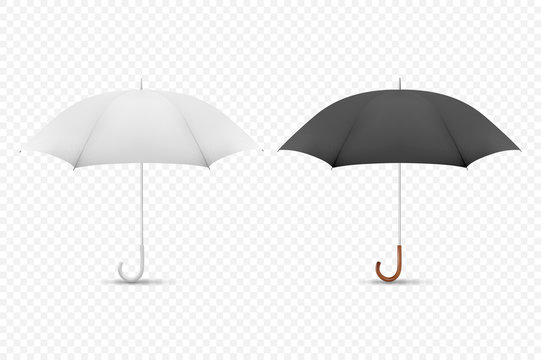 Vector 3d Realistic Render White and Black Blank Umbrella Icon Set Closeup Isolated on Transparent Background. Design Template of Opened Parasols for Mock-up, Branding, Advertise etc. Front View