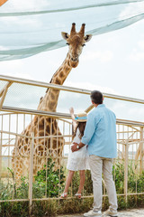 Back view of father and daughter in straw hat standing near fence and giraffe in zoo