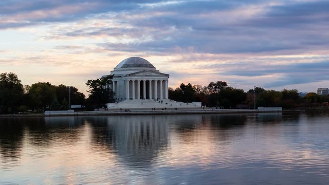 Scenic view of Thomas Jefferson Memorial during a beautiful cloudy sunset. Taken in Washington, DC, United States. Still Image Continuous Animation