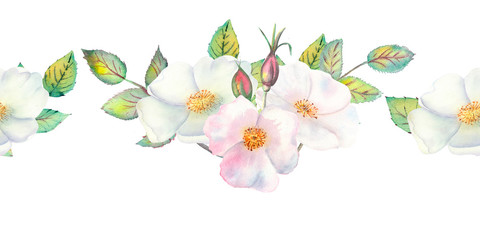 The flowers and leaves of wild rose. Repetition of summer horizontal border. Floral watercolor illustration. Compositions for greeting cards or invitations