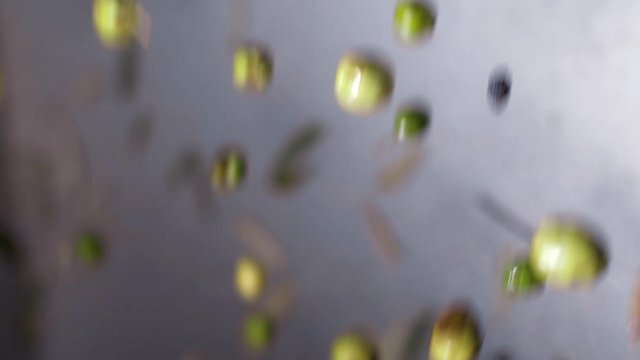 Food, production.Olives falling in the crusher.Olive Oil mill-slow motion