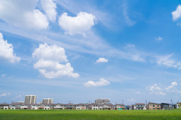 住宅街　イメージ　分譲住宅　青空と緑