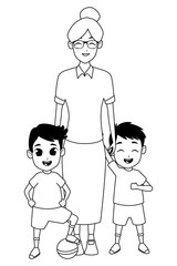 Family grandmother with grandchildren cartoon in black and white