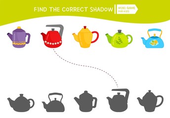 Educational  game for children. Find the right shadow. Kids activity with cartoon kettles.