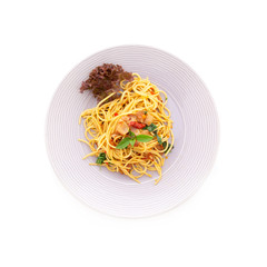 Delicious spaghetti served on white plate