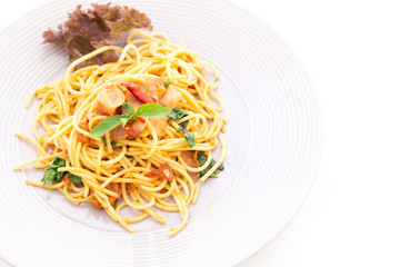 Delicious spaghetti served on white plate