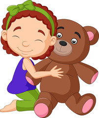 Cartoon little girl hugging teddy bear