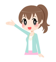 右手を挙げている女性　バストアップ