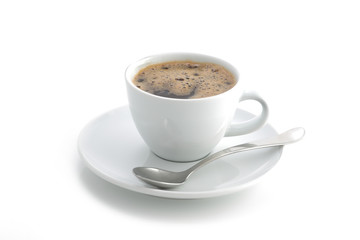 White coffee cup and saucer and spoon black coffee isolated on a white background