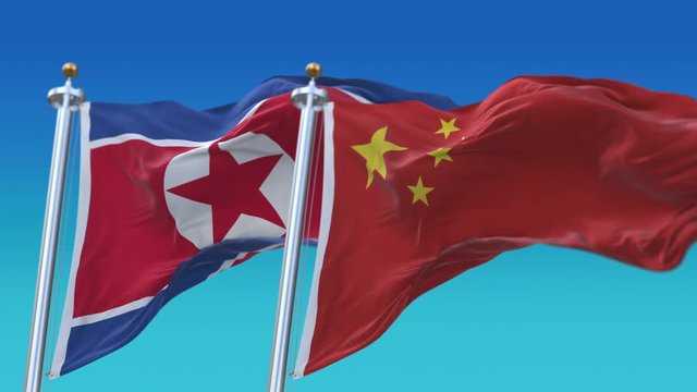 4k Seamless North Korea and China Flags with blue sky background;A fully digital rendering;The animation loops at 20 seconds;DPRK CHN CN.