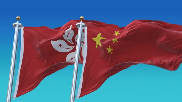 4k Seamless Hong Kong and China Flags with blue sky background;A fully digital rendering;The animation loops at 20 seconds;HK CHN CN.