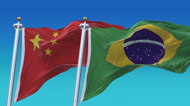 4k Seamless Brazil and China Flags with blue sky background;A fully digital rendering;The animation loops at 20 seconds;BRA BR CHN CN.