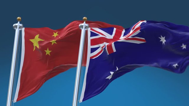 4k Seamless Australia and China Flags with blue sky background;A fully digital rendering;The animation loops at 20 seconds;AUS AU CHN CN.