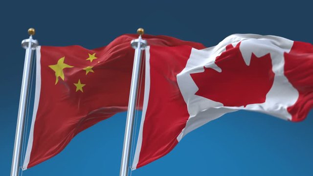 4k Seamless Canada and China Flags with blue sky background;A fully digital rendering;The animation loops at 20 seconds;CAN CA CHN CN.