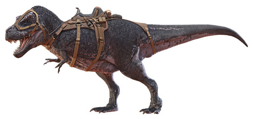 3D rendering of Tyrannosaurus Rex with a saddle.