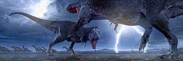 Fotobehang Dinosaurussen 3D rendering of two Tyrannosaurus Rex fight for hunting rights.  © Herschel Hoffmeyer