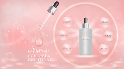 Beauty product ad design, pink cosmetic container with collagen solution advertising background ready to use, luxury skin care banner, illustration vector.