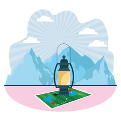 Obraz premium Camping lantern on adventure map