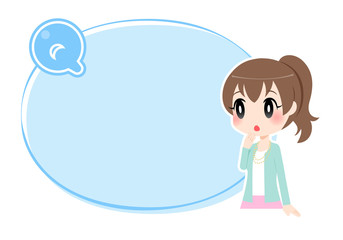 Qマークの付いた水色の枠と女性