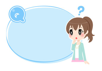 Qマークの付いた水色の枠と女性（？つき）
