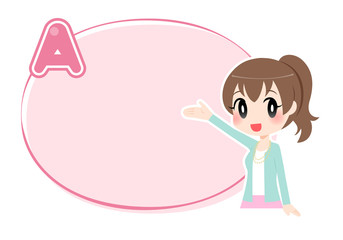 Aマークの付いたピンクの枠と大きく手を挙げる女性