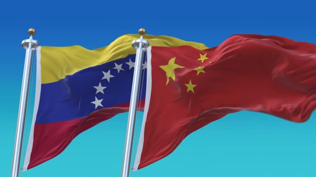 4k Seamless Venezuela and China Flags with blue sky background;A fully digital rendering;The animation loops at 20 seconds;VEN VE CHN CN.