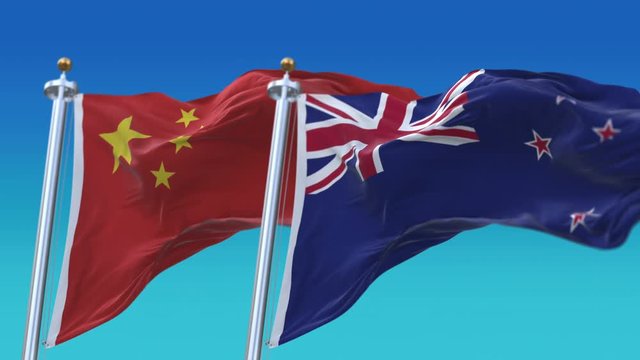 4k Seamless New Zealand and China Flags with blue sky background;A fully digital rendering;The animation loops at 20 seconds;NZL NZ CHN CN.