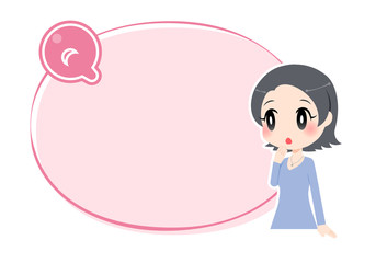 Qマークの付いたピンクの枠と女性