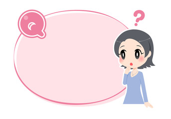 Qマークの付いたピンクの枠と女性（？つき）