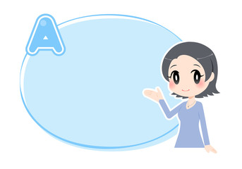 Aマークの付いた水色の枠と小さく手を挙げる女性